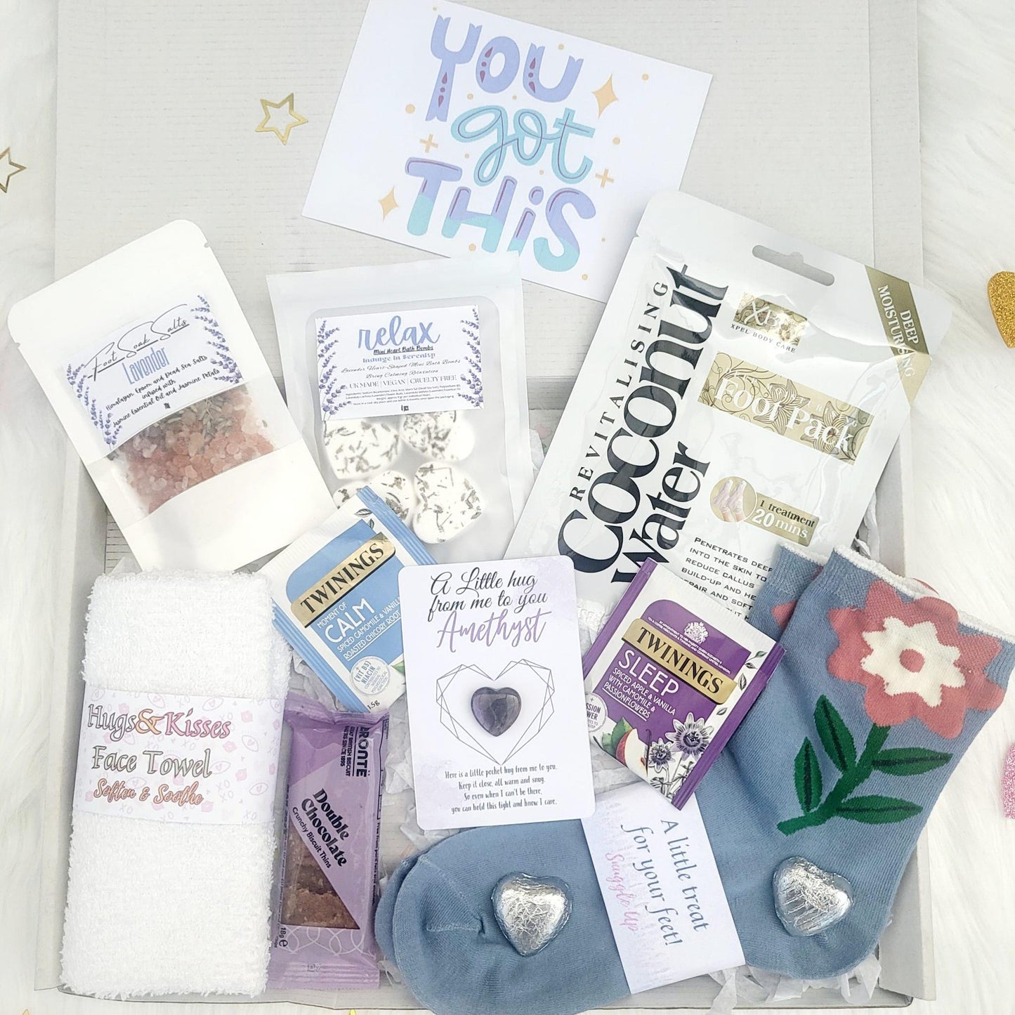 Recovery Pamper Hamper: Get Well Soon, Pick Me Up, You Got This, Amethyst Hug