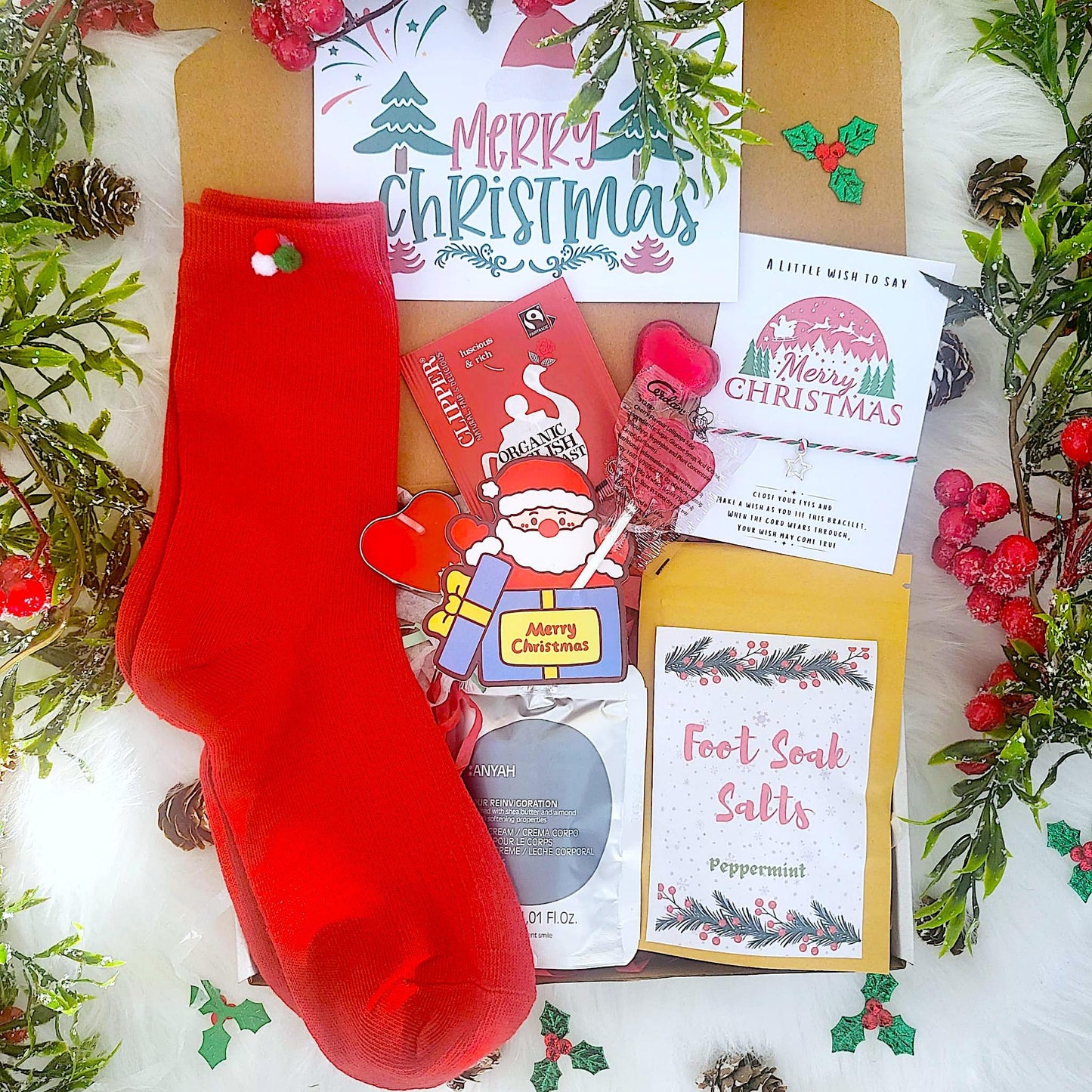 Mini Christmas Hamper, Matching Pom Pom Socks Christmas Spa Gift for Her and Him, Christmas Treats Gift Box, Christmas Hug in a Box,