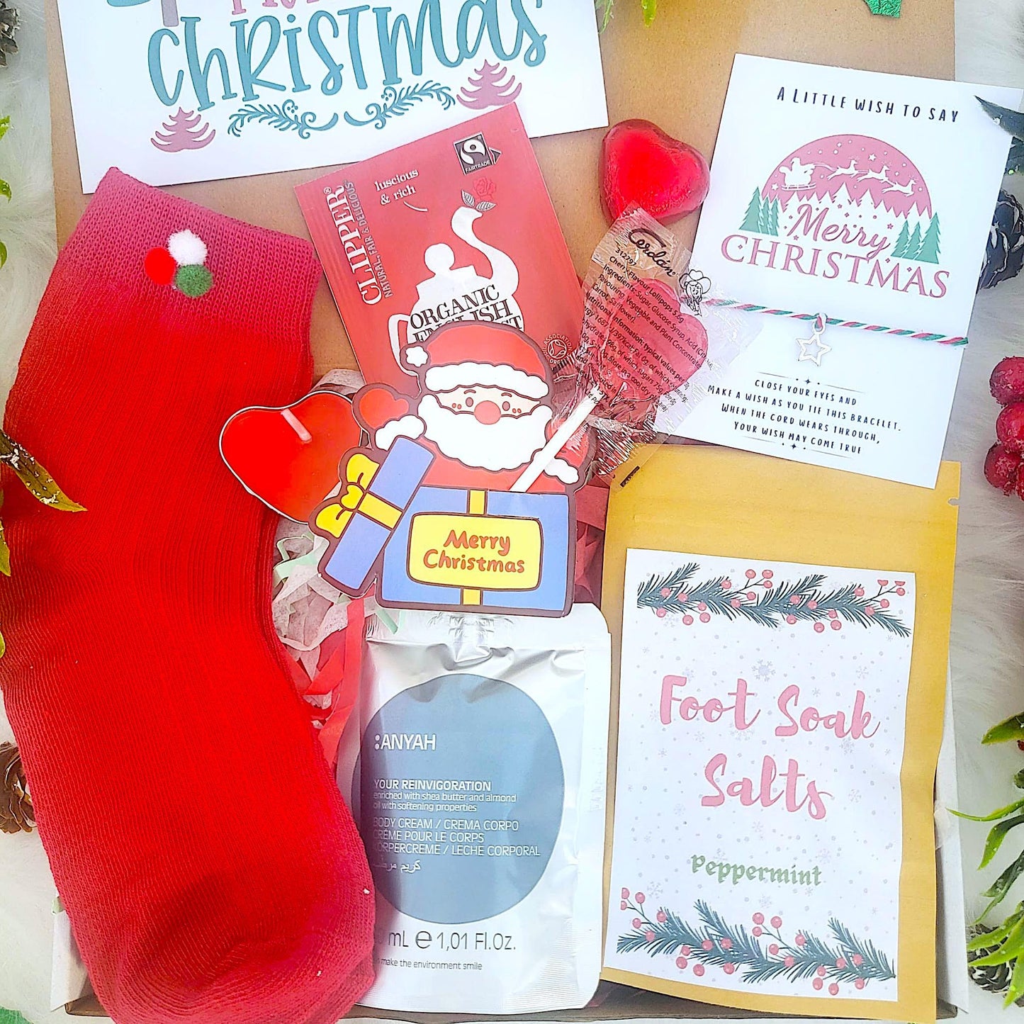 Mini Christmas Hamper, Matching Pom Pom Socks Christmas Spa Gift for Her and Him, Christmas Treats Gift Box, Christmas Hug in a Box,