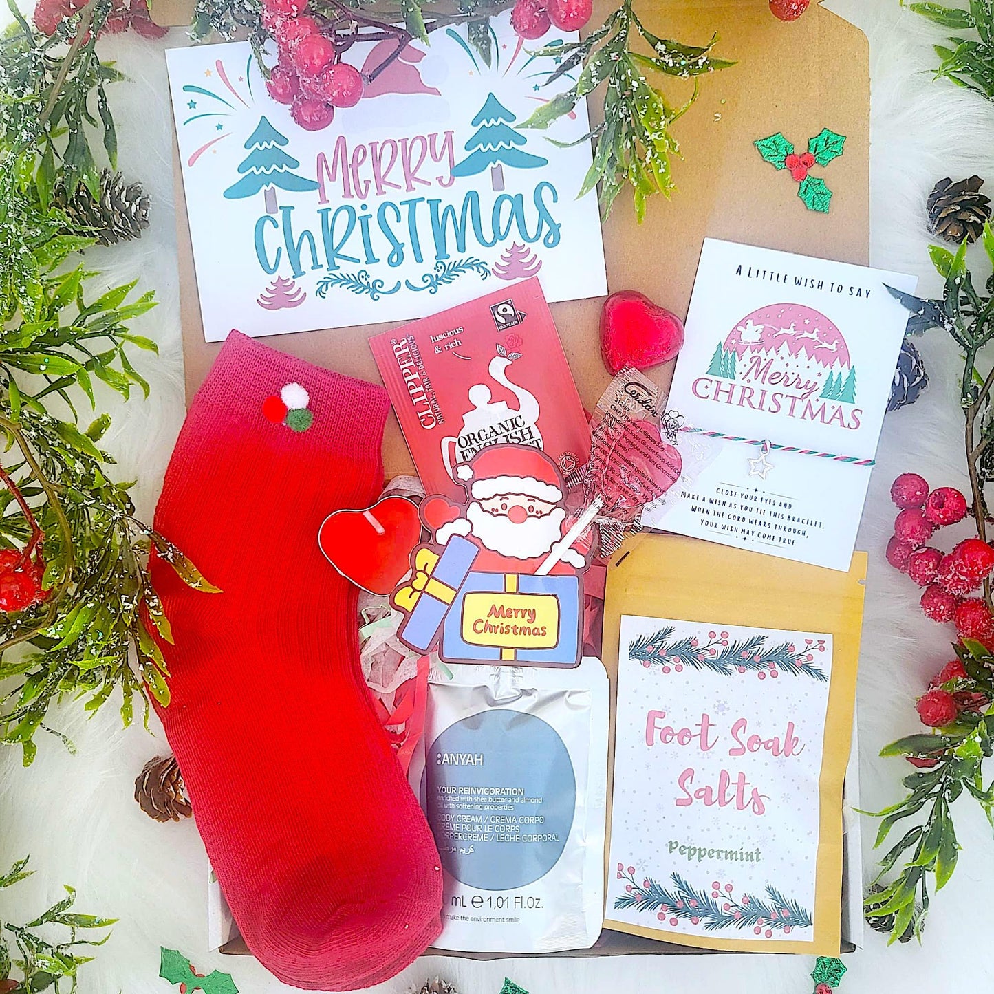 Mini Christmas Hamper, Matching Pom Pom Socks Christmas Spa Gift for Her and Him, Christmas Treats Gift Box, Christmas Hug in a Box,