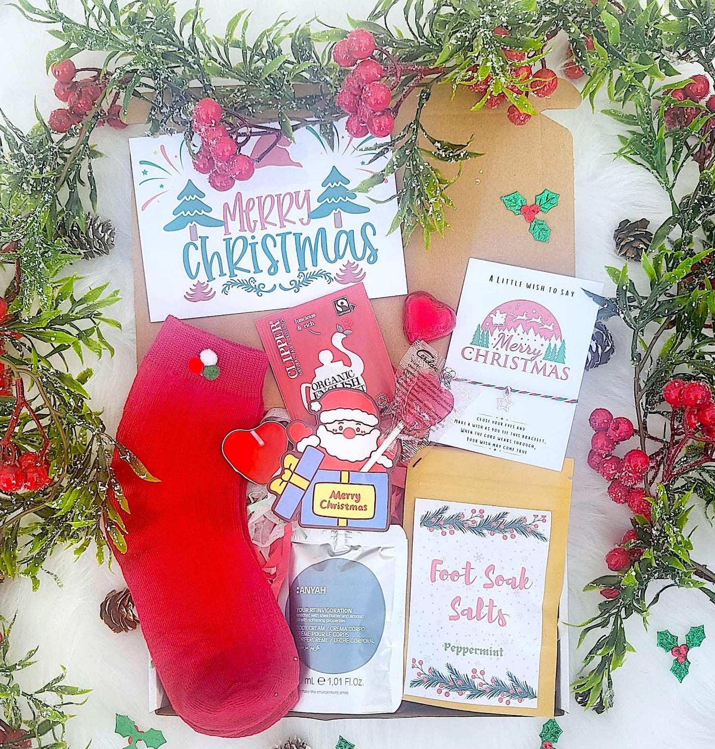 Mini Christmas Hamper, Matching Pom Pom Socks Christmas Spa Gift for Her and Him, Christmas Treats Gift Box, Christmas Hug in a Box,