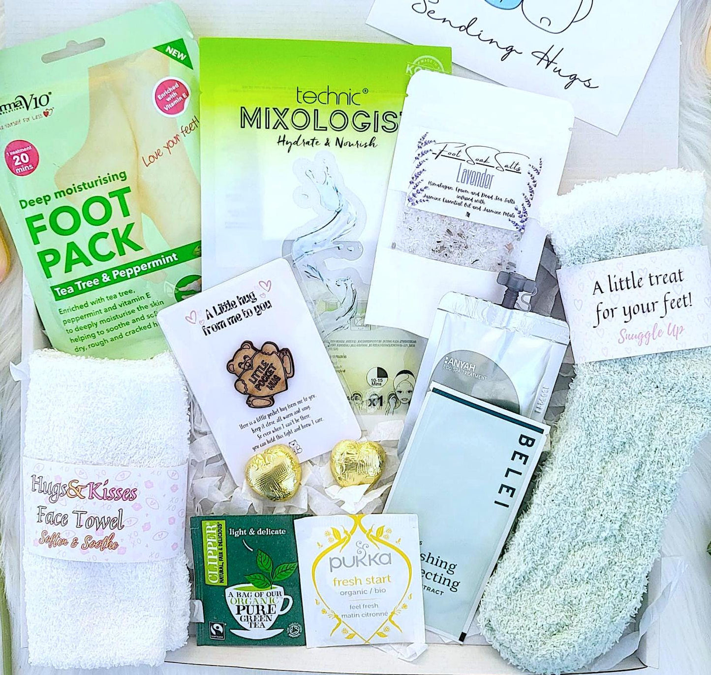 Cozy Spa Gift Hamper: Fuzzy Socks, Face Mask, Lavender Foot Soak