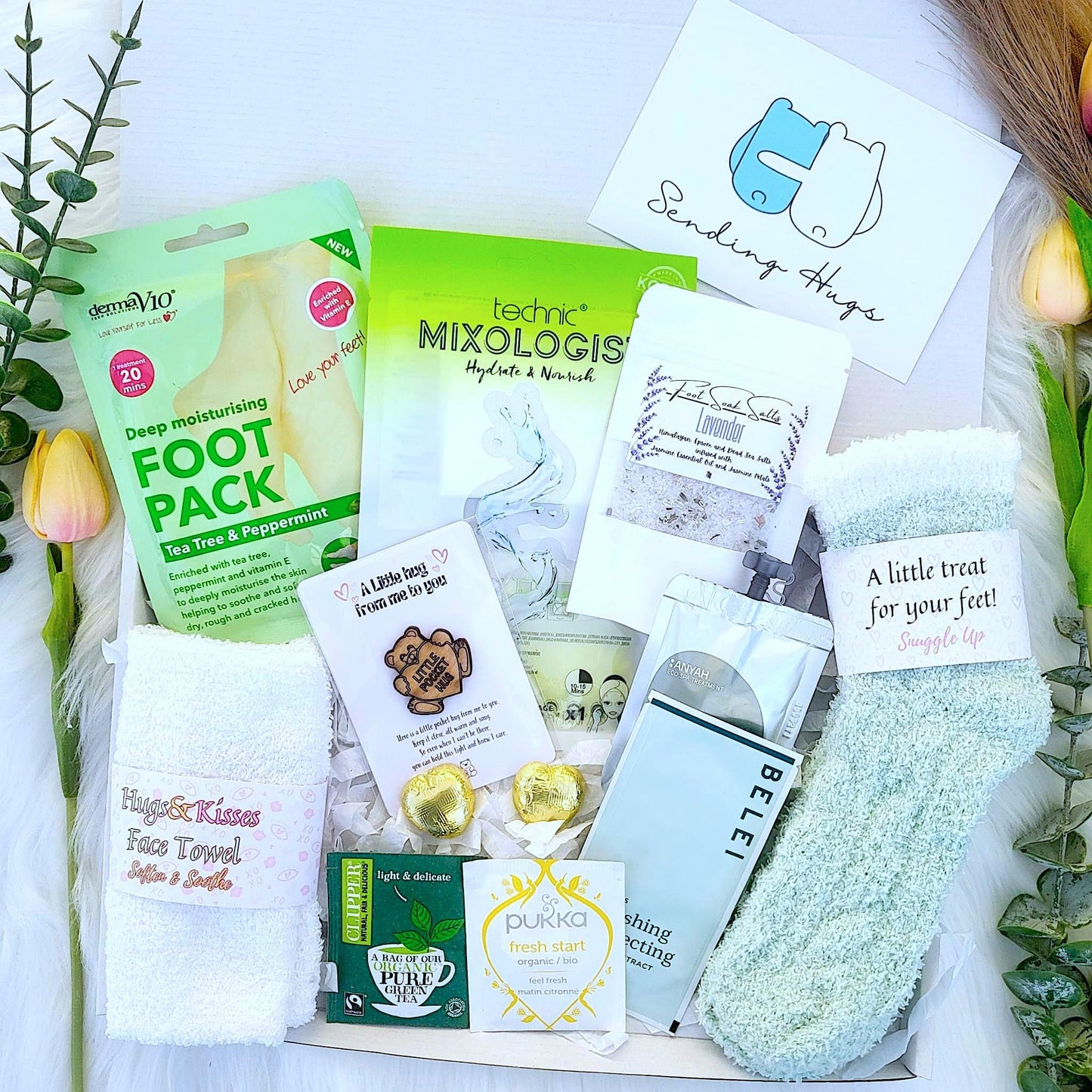 Cozy Spa Gift Hamper: Fuzzy Socks, Face Mask, Lavender Foot Soak