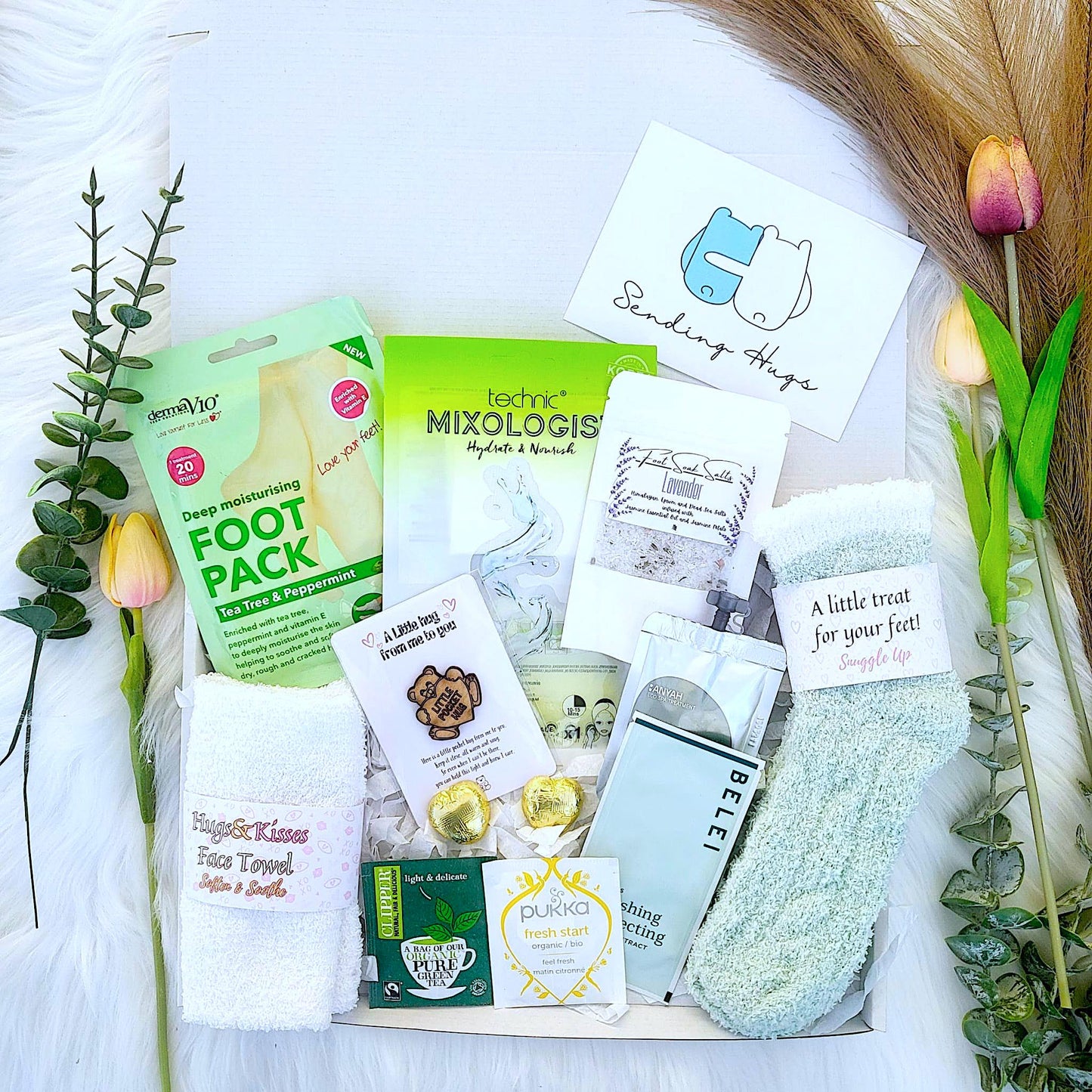 Cozy Spa Gift Hamper: Fuzzy Socks, Face Mask, Lavender Foot Soak