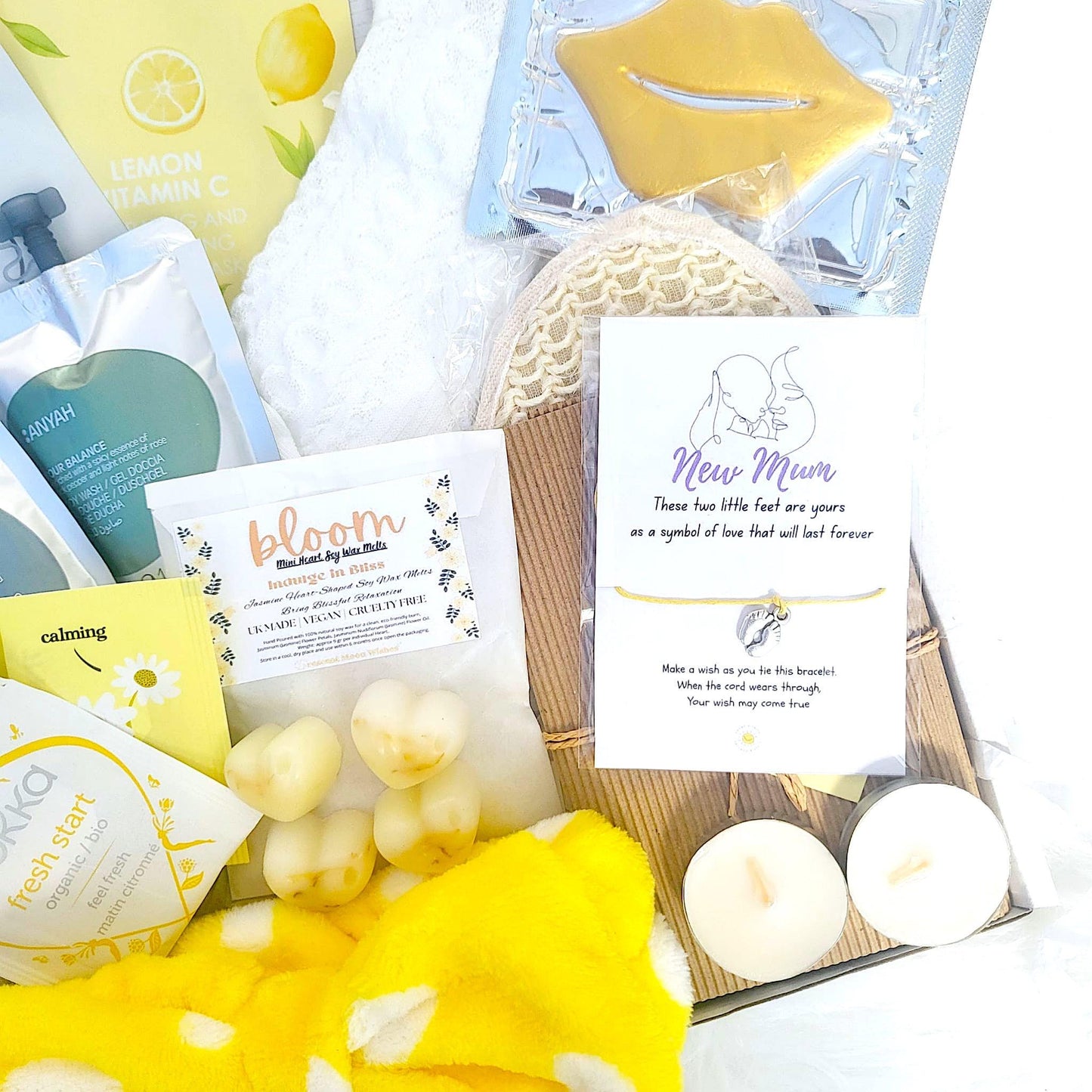 New Mum Pamper Gift Box: Yellow Self-Care Spa Hamper with Keepsakes
