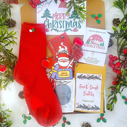 Mini Christmas Hamper, Matching Pom Pom Socks Christmas Spa Gift for Her and Him, Christmas Treats Gift Box, Christmas Hug  in a Box,