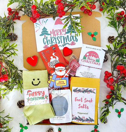 Secret Santa Gift, Mini Christmas Hamper, Christmas Socks Gift Box,  Christmas Eve Spa Gift, Christmas Hug  in a Box, Christmas Socks