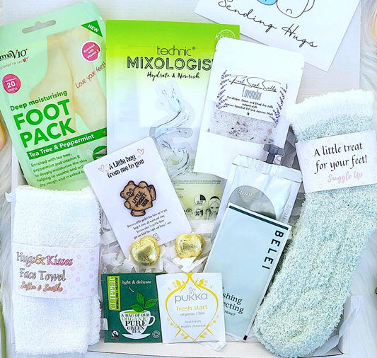Cozy Spa Gift Hamper: Fuzzy Socks, Face Mask, Lavender Foot Soak